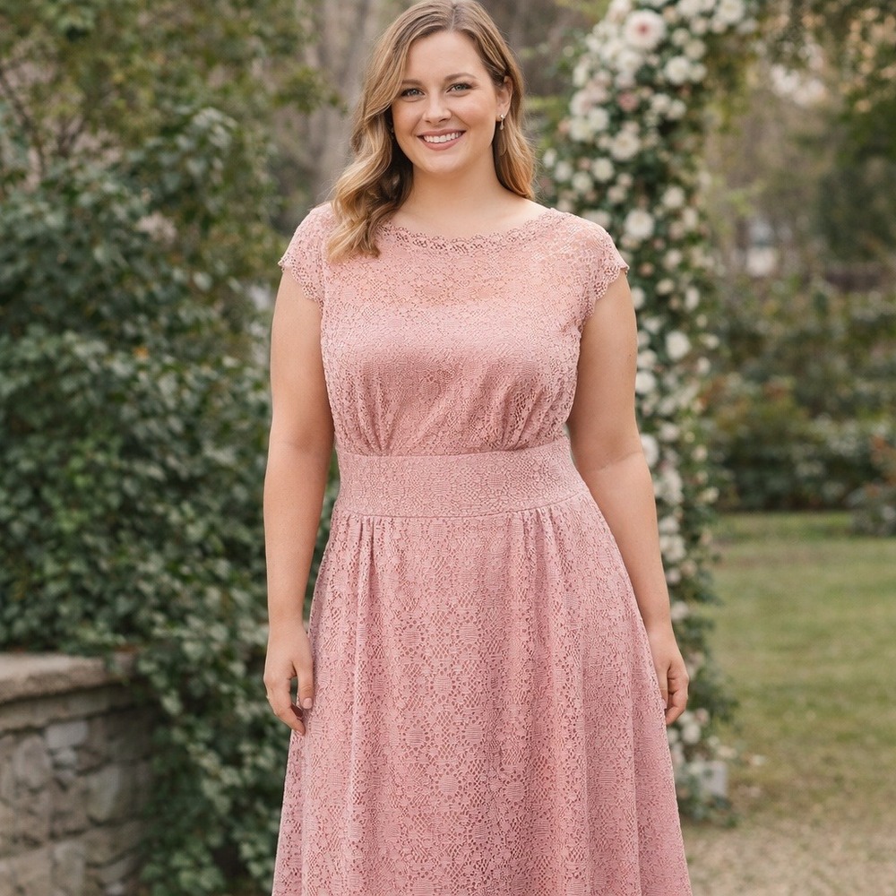 Dressbarn Pink Lace‎ Midi Dress Cap Sleeve Wedding Guest Cottagecore 14W NWT